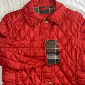 LL Bean Quilted Barn Coat Jacket Black Plaid Lined Red Womens Size S Petite